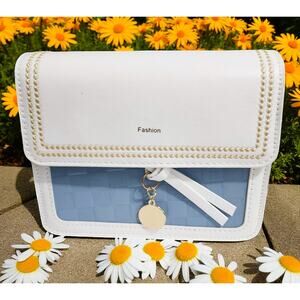 Purse Women Small White & Blue with Gold Stitch Trim on Flap